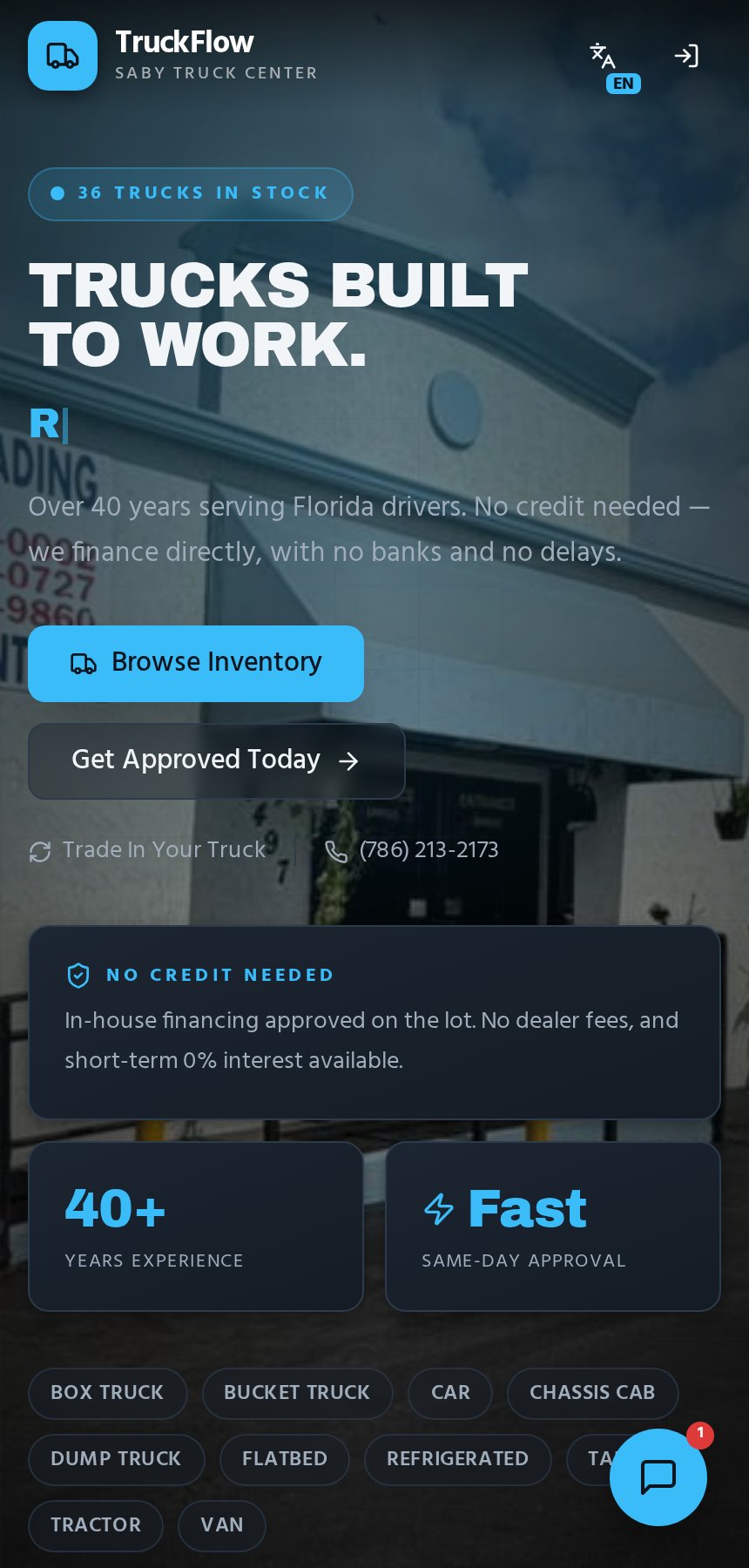 TruckFlow — Saby Truck Center website on mobile